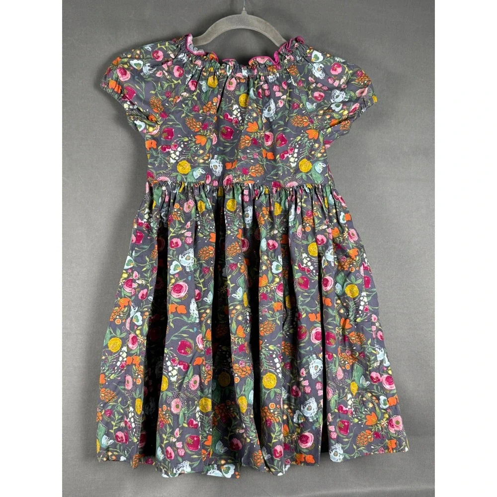 Arya Mine Designs Floral Dress Kids 8 Gray Pink Cotton Handmade Short Sleeve